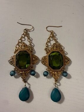 Gold Filigree Drop Earrings with Green and Teal Stones